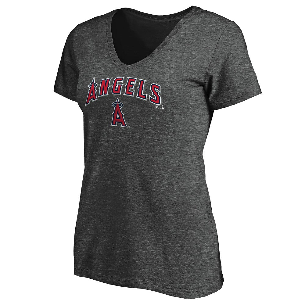 Los Angeles Angels Fanatics Women's Team Logo Lockup V-Neck T-Shirt - Heathered Charcoal T-shirts