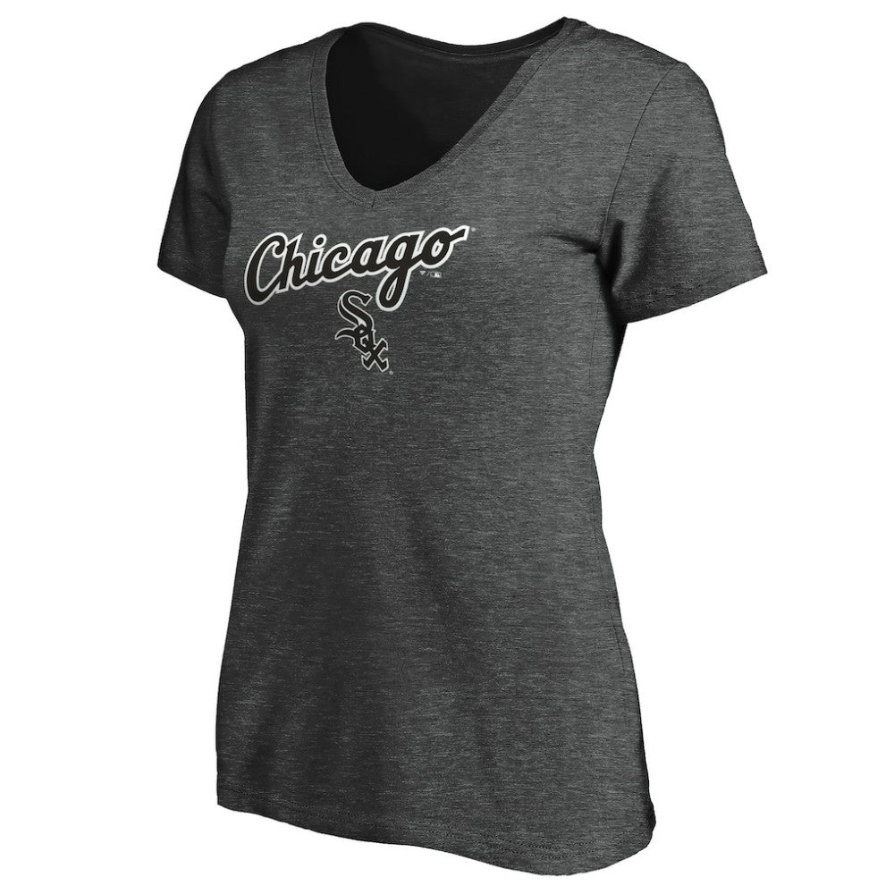 Chicago White Sox Fanatics Women's Team Logo Lockup V-Neck T-Shirt - Heathered Charcoal T-shirts
