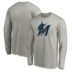 Miami Marlins Official Team Logo Long Sleeve T-Shirt - Heather Gray T-shirts