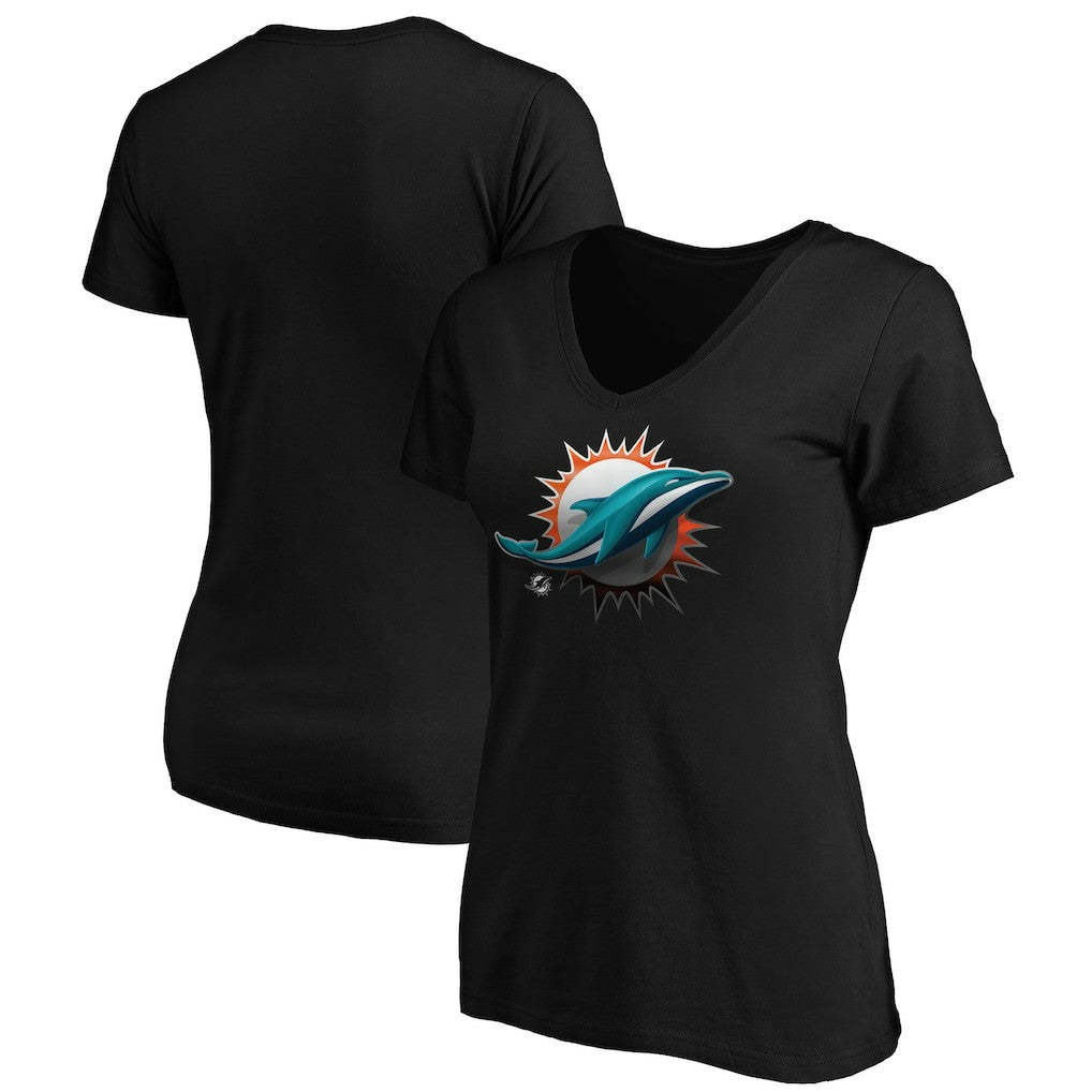 Miami Dolphins Women's Midnight Mascot Logo V-Neck T-Shirt Black