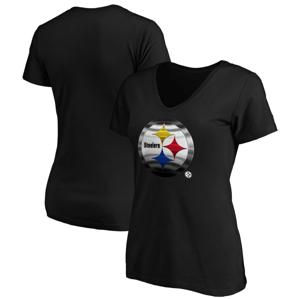 Pittsburgh Steelers Women's Midnight Mascot Logo V-Neck T-Shirt Black