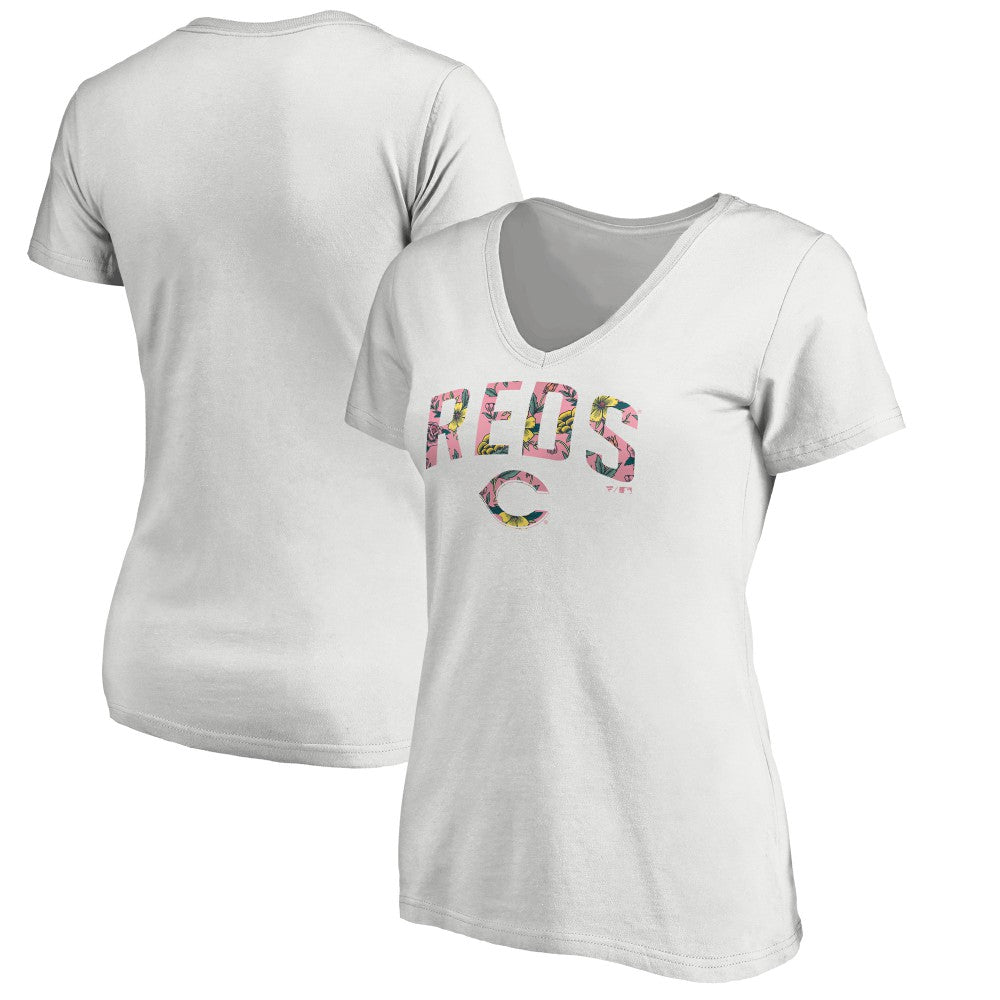 Cincinnati Reds Women's Floral Arched Logo V-Neck T-Shirt - White T-shirts