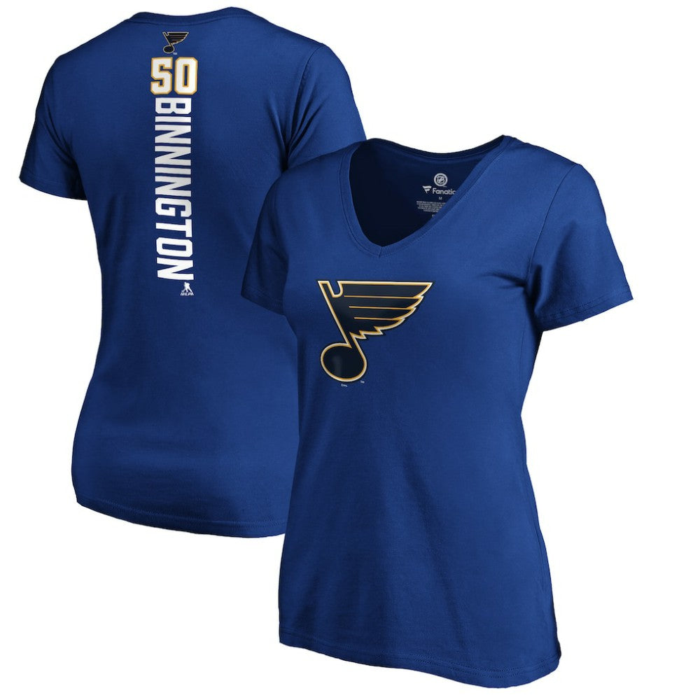 NHL Jordan Binnington St. Louis Blues Women's Playmaker V-Neck T-Shirt - Royal