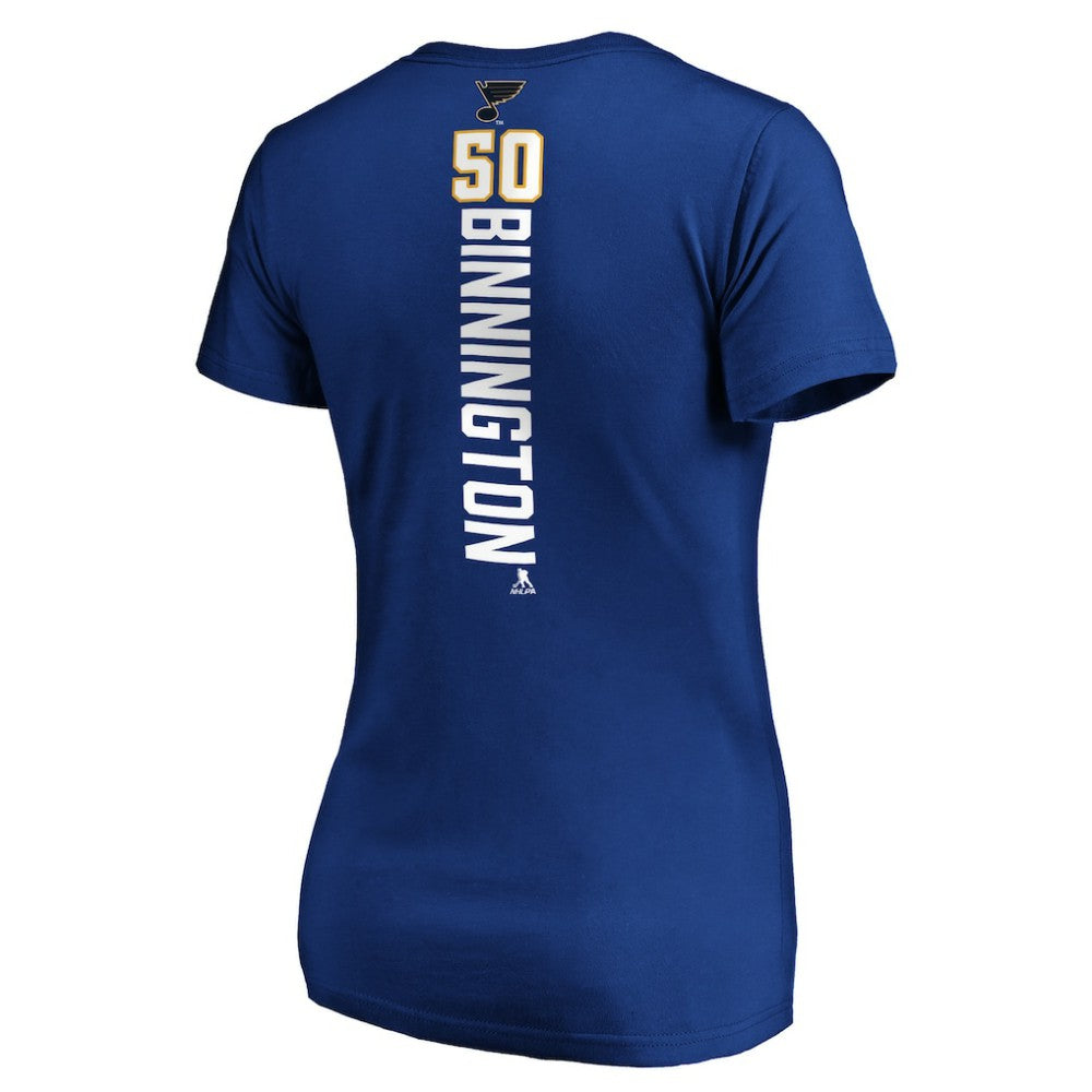 NHL Jordan Binnington St. Louis Blues Women's Playmaker V-Neck T-Shirt - Royal