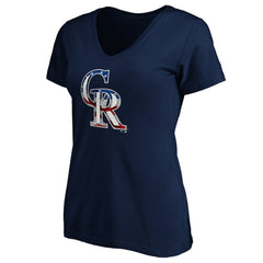 Colorado Rockies Logo Women's Banner Wave V-Neck T-Shirt - Navy T-shirts