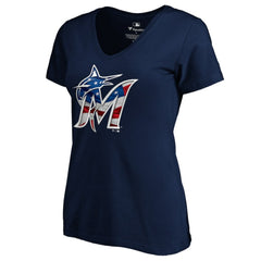 Miami Marlins Logo Women's Banner Wave V-Neck T-Shirt - Navy T-shirts