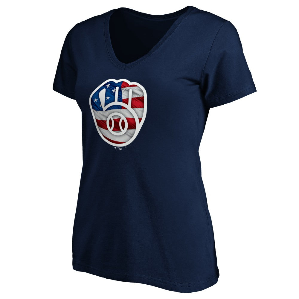 Milwaukee Brewers Logo Women's Banner Wave V-Neck T-Shirt - Navy T-shirts