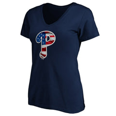 Philadelphia Phillies Logo Women's Banner Wave V-Neck T-Shirt - Navy T-shirts