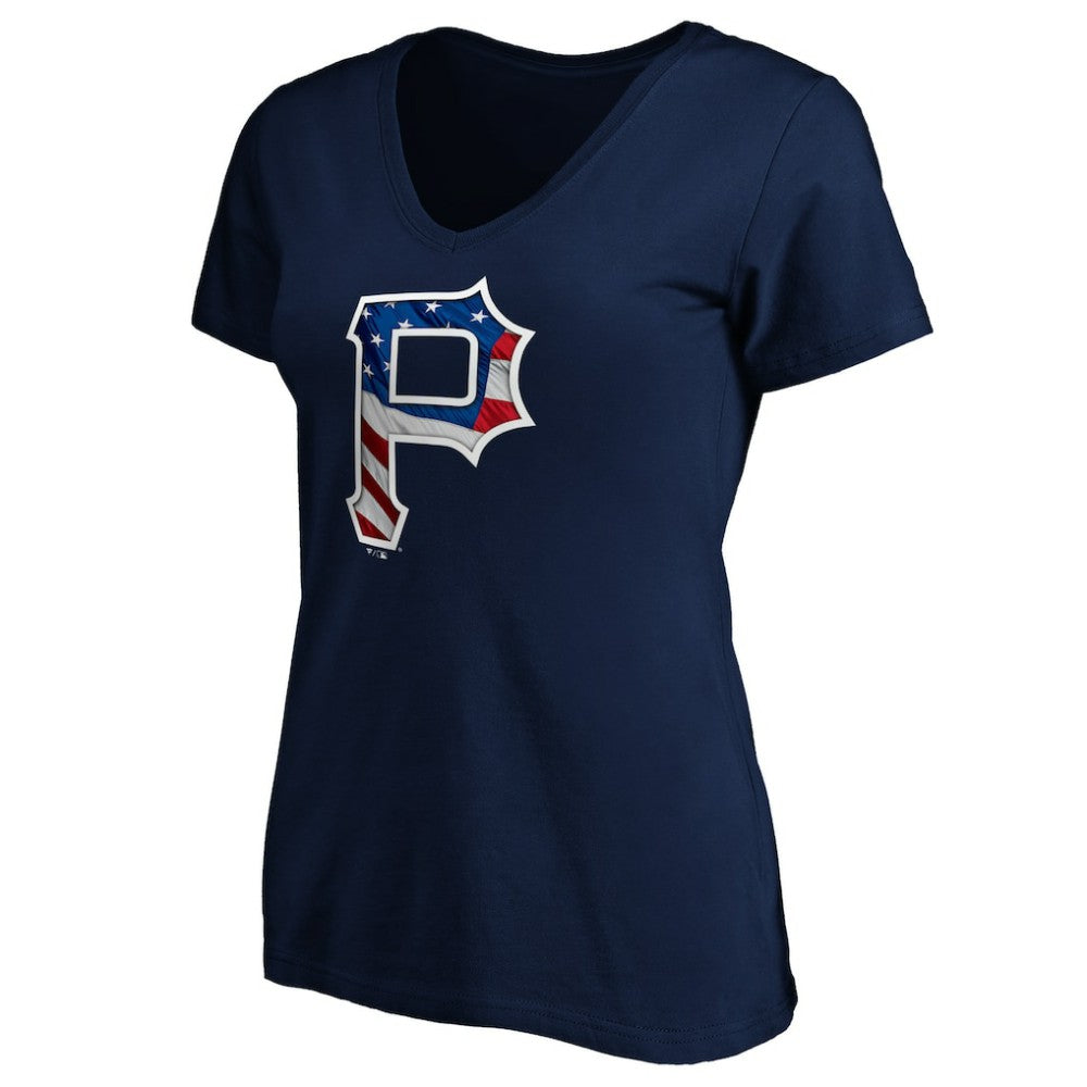 Pittsburgh Pirates Logo Women's Banner Wave V-Neck T-Shirt - Navy T-shirts