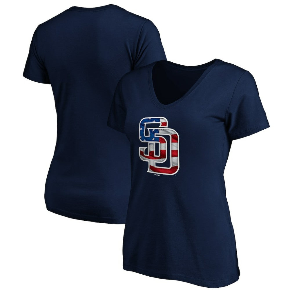 San Diego Padres Logo Women's Banner Wave V-Neck T-Shirt - Navy T-shirts
