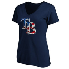 Tampa Bay Rays Logo Women's Banner Wave V-Neck T-Shirt - Navy T-shirts
