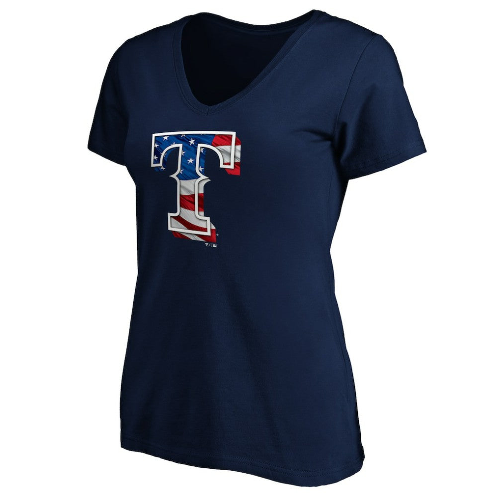Texas Rangers Logo Women's Banner Wave V-Neck T-Shirt - Navy T-shirts