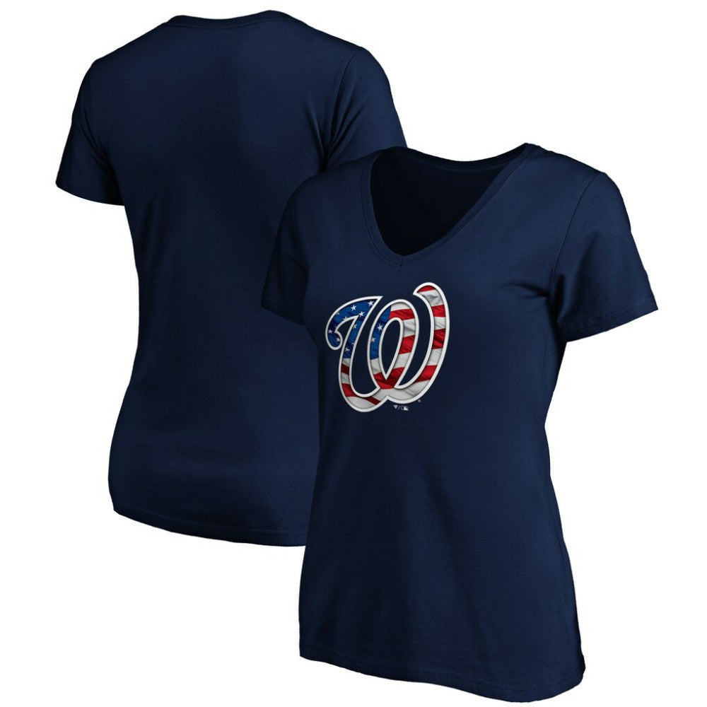 Washington Nationals Logo Women's Banner Wave V-Neck T-Shirt - Navy T-shirts