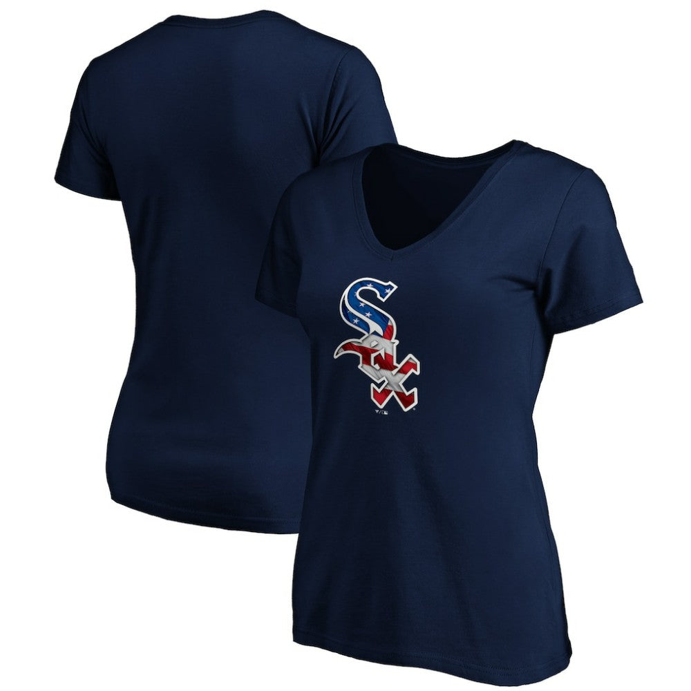 Chicago White Sox Logo Women's Banner Wave V-Neck T-Shirt - Navy T-shirts
