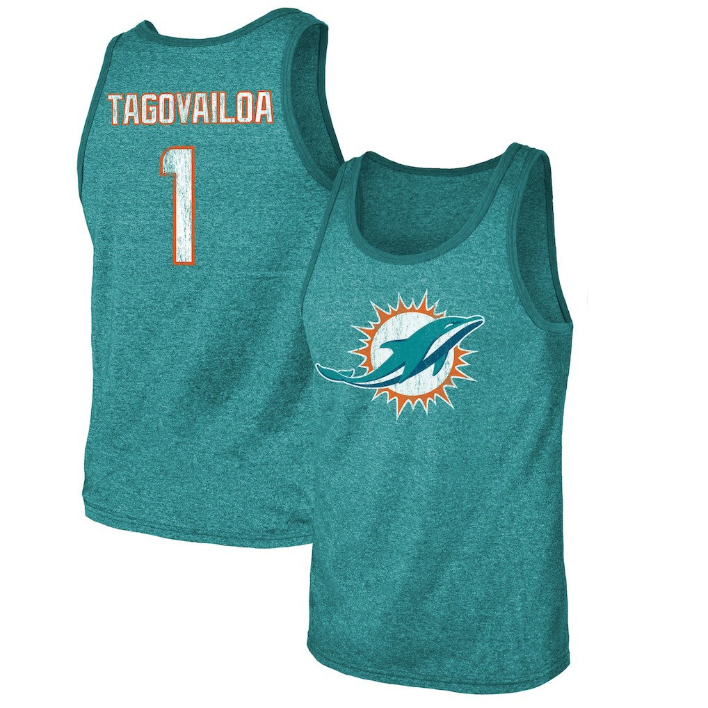 Tua Tagovailoa Miami Dolphins Majestic Threads Name & Number Tri-Blend Tank Top Aqua