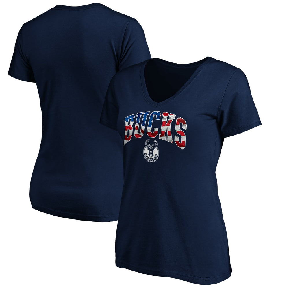 Milwaukee Bucks Women's Banner Wave V-Neck T-Shirt Navy
