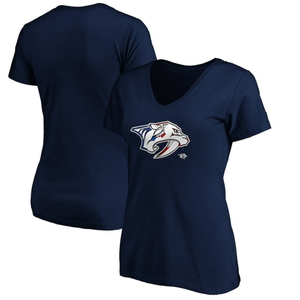 NHL Nashville Predators Women's Banner Wave Logo V-Neck T-Shirt T-Shirt - Navy
