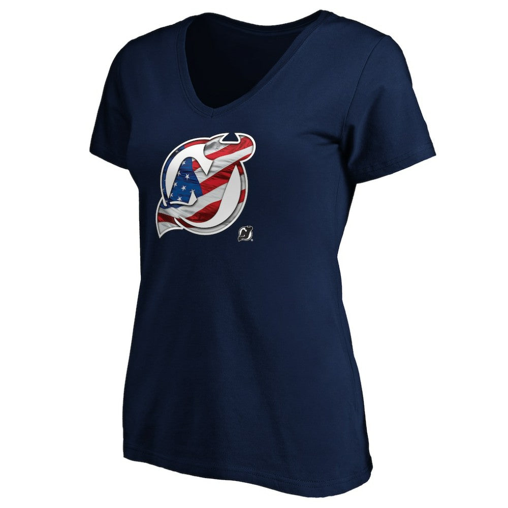 NHL New Jersey Devils Women's Banner Wave Logo V-Neck T-Shirt T-Shirt - Navy