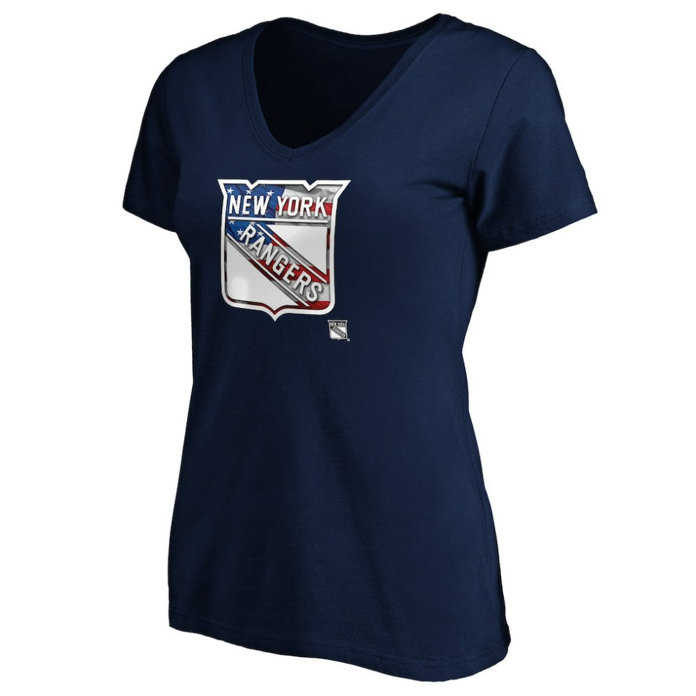 NHL New York Rangers Women's Banner Wave Logo V-Neck T-Shirt T-Shirt - Navy