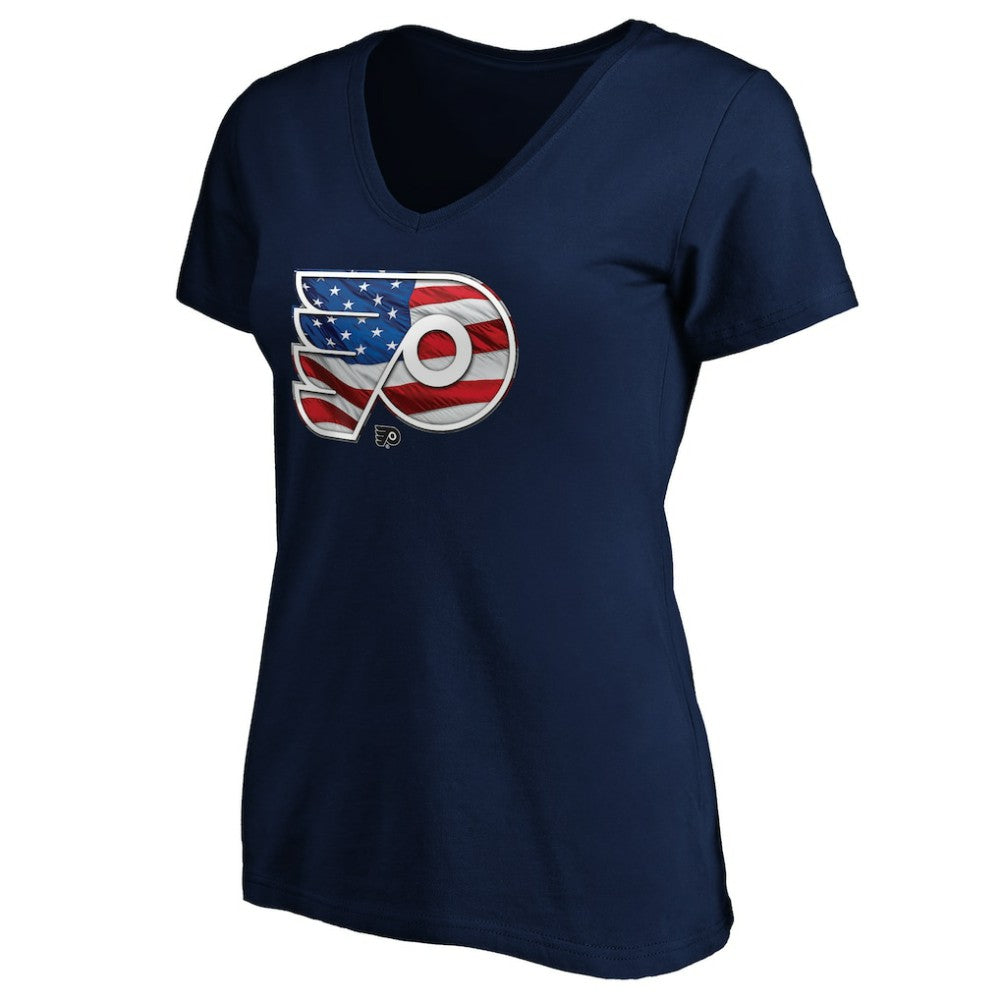 NHL Philadelphia Flyers Women's Banner Wave Logo V-Neck T-Shirt T-Shirt - Navy