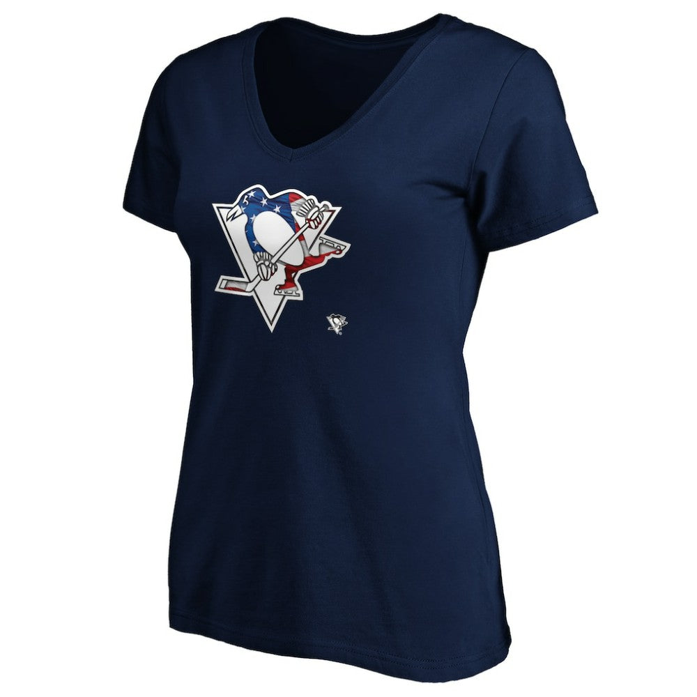 NHL Pittsburgh Penguins Women's Banner Wave Logo V-Neck T-Shirt T-Shirt - Navy