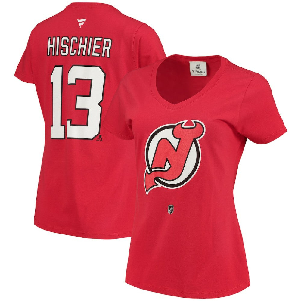 NHL Nico Hischier New Jersey Devils Fanatics Women's Name & Number Logo V-Neck T-Shirt - Red
