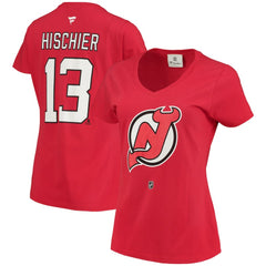 NHL Nico Hischier New Jersey Devils Fanatics Women's Name & Number Logo V-Neck T-Shirt - Red