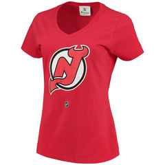 NHL Nico Hischier New Jersey Devils Fanatics Women's Name & Number Logo V-Neck T-Shirt - Red