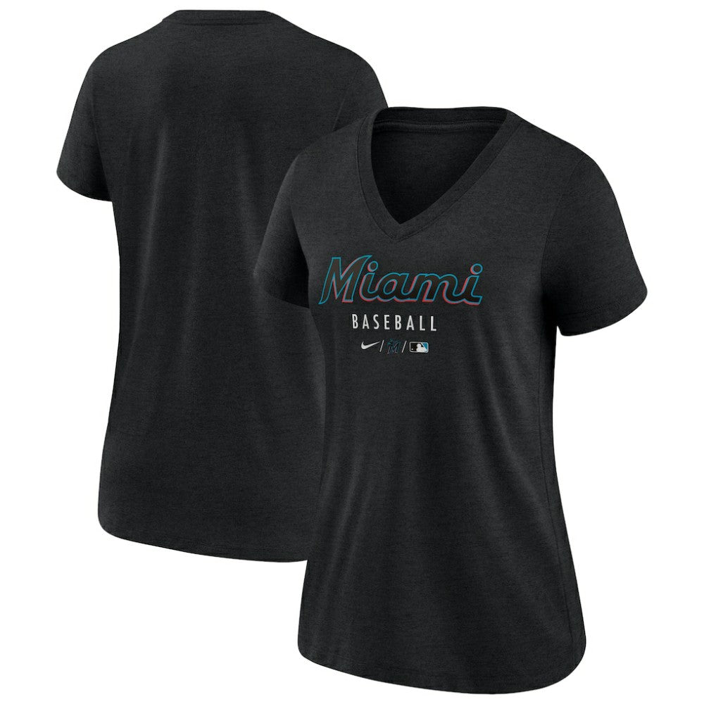 Miami Marlins Nike Women's Authentic Collection Tri-Blend V-Neck T-Shirt - Heather Black T-shirts