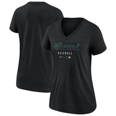 Miami Marlins Nike Women's Authentic Collection Tri-Blend V-Neck T-Shirt - Heather Black T-shirts