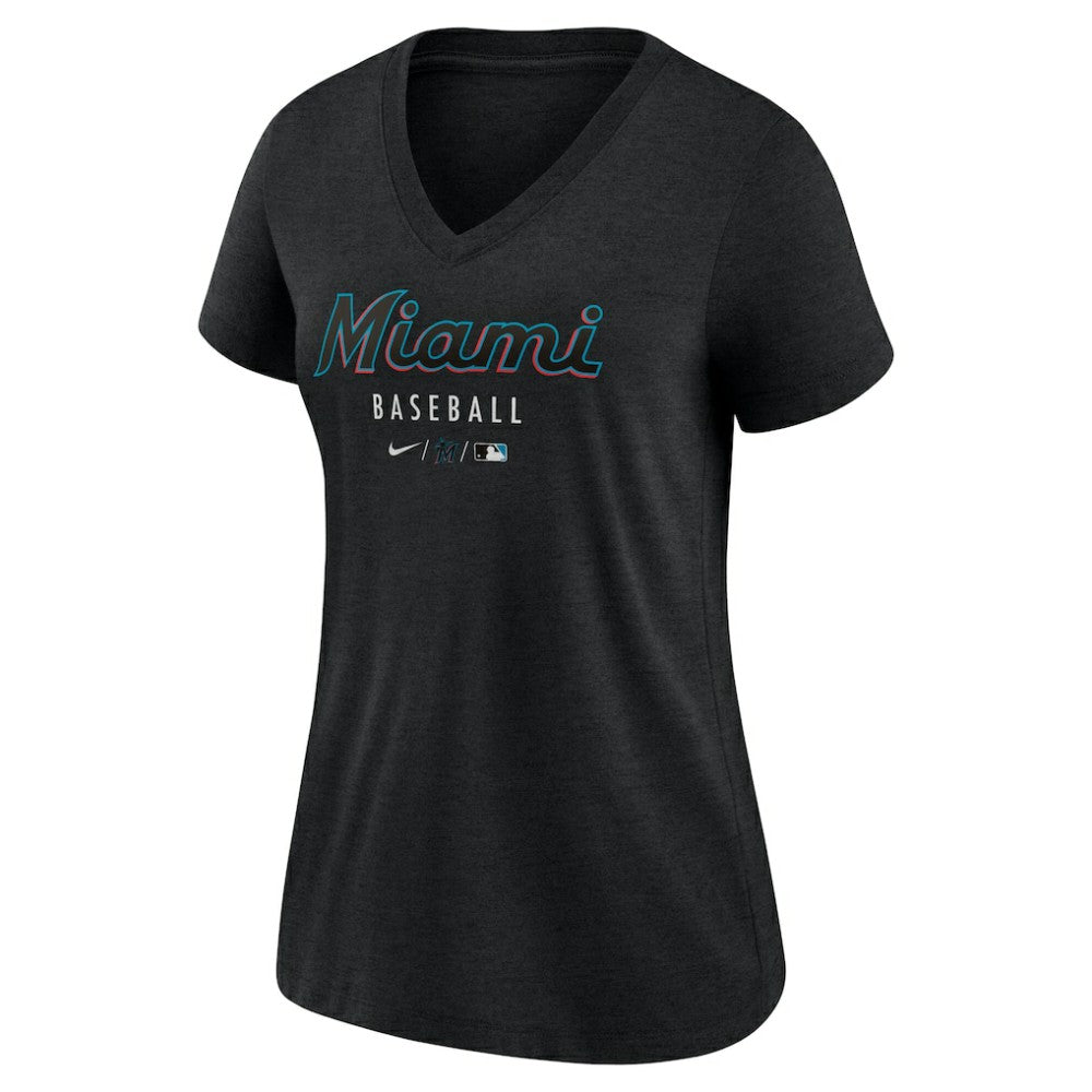 Miami Marlins Nike Women's Authentic Collection Tri-Blend V-Neck T-Shirt - Heather Black T-shirts