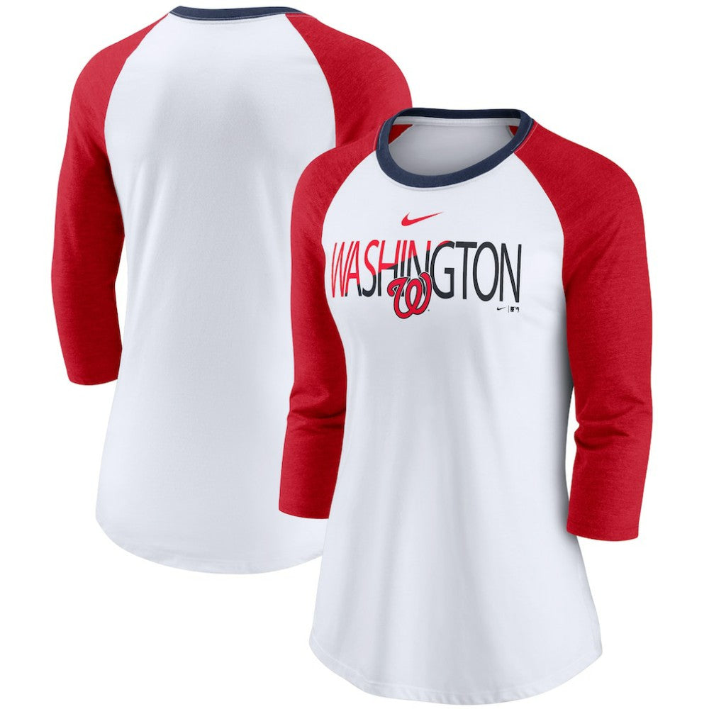Washington Nationals Nike Women's Color Split Tri-Blend 3/4-Sleeve Raglan T-Shirt - White/Heathered Red T-shirts