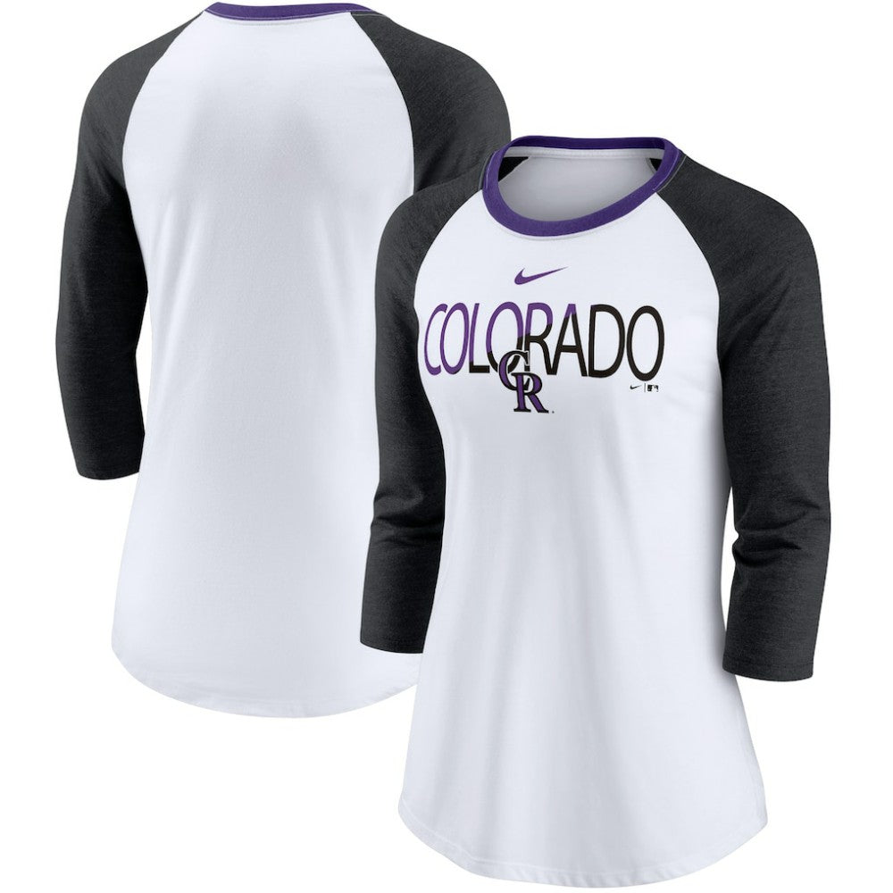 Colorado Rockies Nike Women's Color Split Tri-Blend 3/4-Sleeve Raglan T-Shirt - White/Heathered Black T-shirts