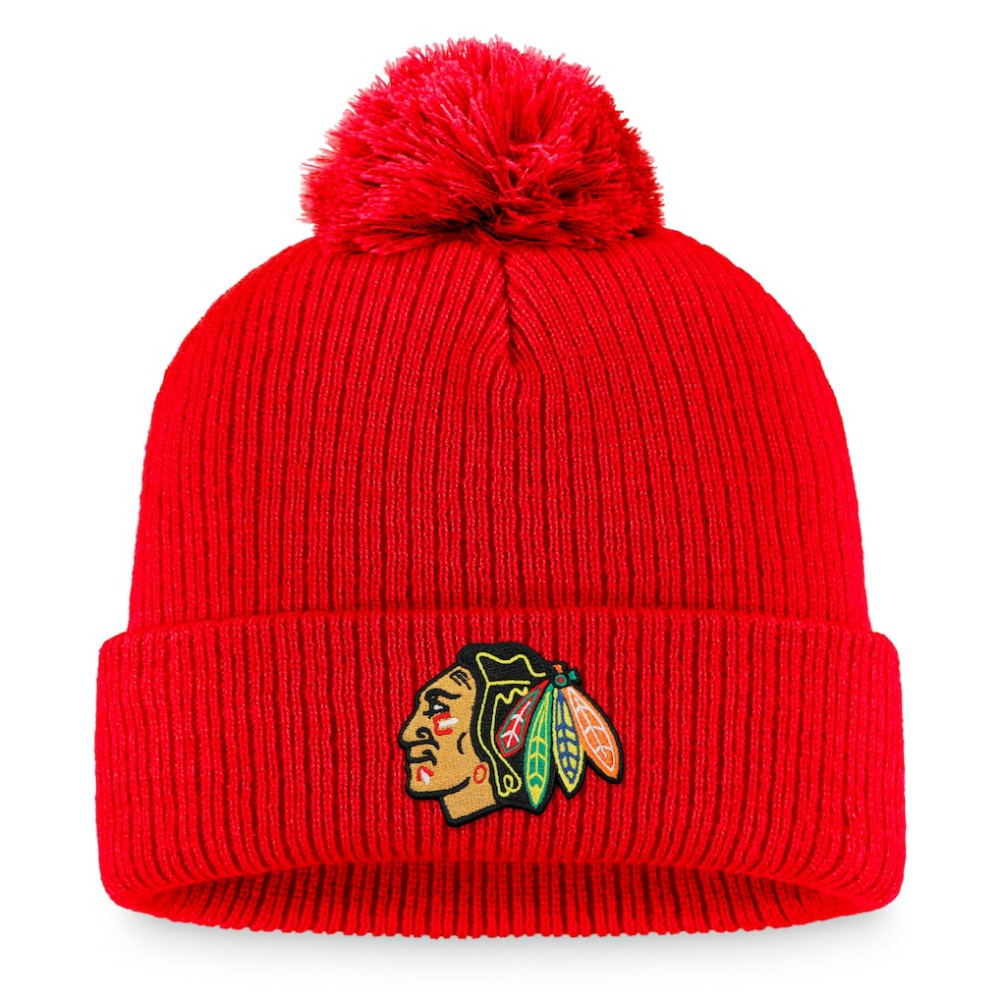 NHL Chicago Blackhawks Fanatics Primary Logo Cuffed Knit Hat with Pom - Red