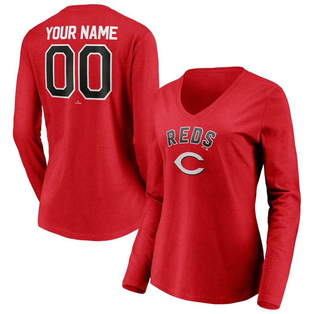 Cincinnati Reds Women's Personalized Winning Streak Name & Number Long Sleeve V-Neck T-Shirt - Red T-shirts