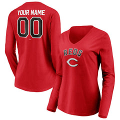 Cincinnati Reds Women's Personalized Winning Streak Name & Number Long Sleeve V-Neck T-Shirt - Red T-shirts