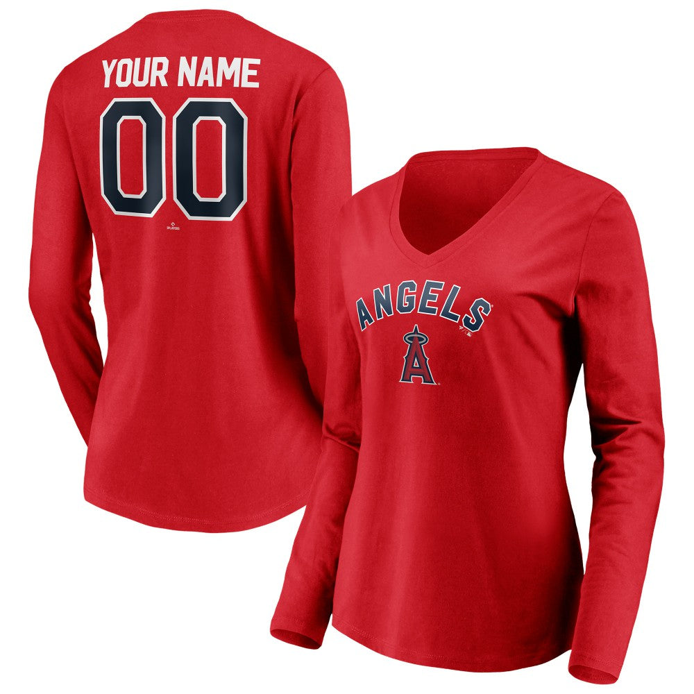Los Angeles Angels Women's Personalized Winning Streak Name & Number Long Sleeve V-Neck T-Shirt - Red T-shirts