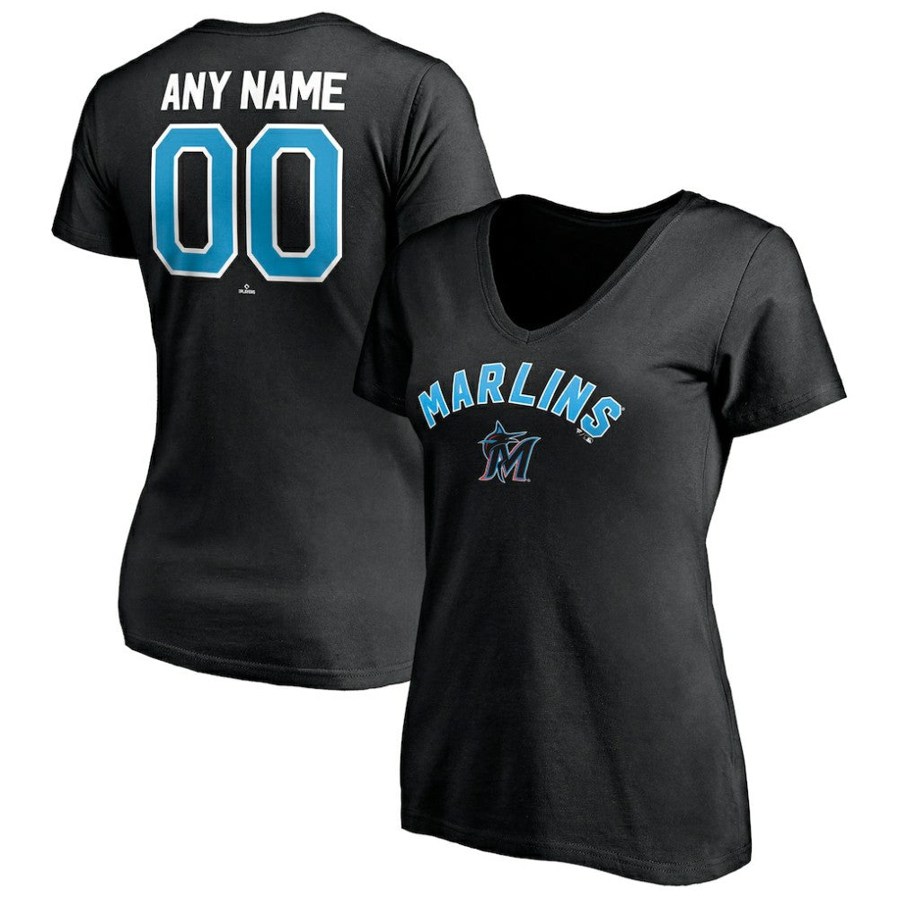 Miami Marlins Women's Personalized Winning Streak Name & Number V-Neck T-Shirt - Black T-shirts