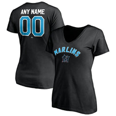 Miami Marlins Women's Personalized Winning Streak Name & Number V-Neck T-Shirt - Black T-shirts