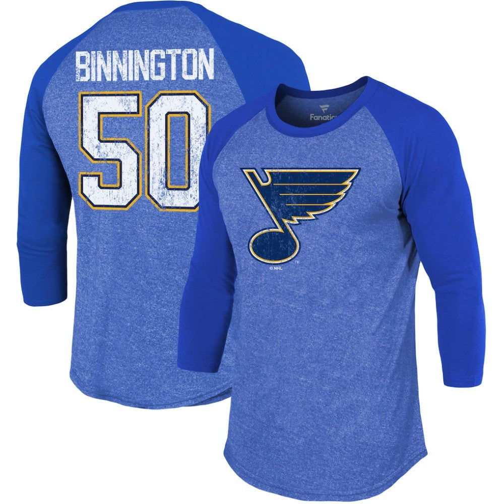 NHL Jordan Binnington St. Louis Blues Fanatics Name & Number Tri-Blend Raglan 3/4-Sleeve T-Shirt - Blue