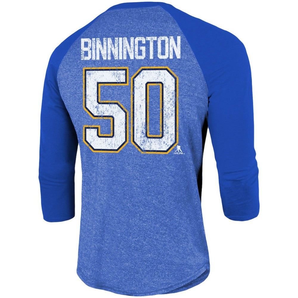 NHL Jordan Binnington St. Louis Blues Fanatics Name & Number Tri-Blend Raglan 3/4-Sleeve T-Shirt - Blue