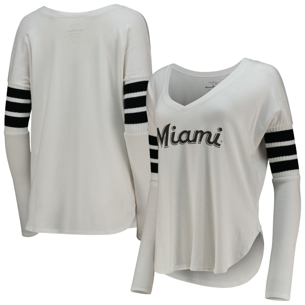 Miami Marlins Tiny Turnip Women's Jalynne Jersey Tri-Blend Long Sleeve V-Neck T-Shirt - White Jerseys