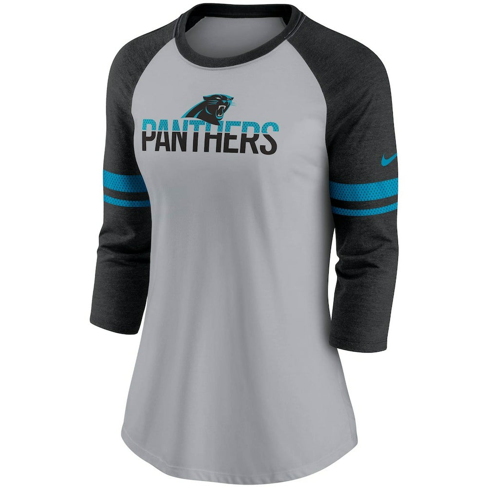 Carolina Panthers Women's Stripe Mesh Nickname Tri-Blend 3/4-Sleeve T-Shirt Heathered Gray/Black