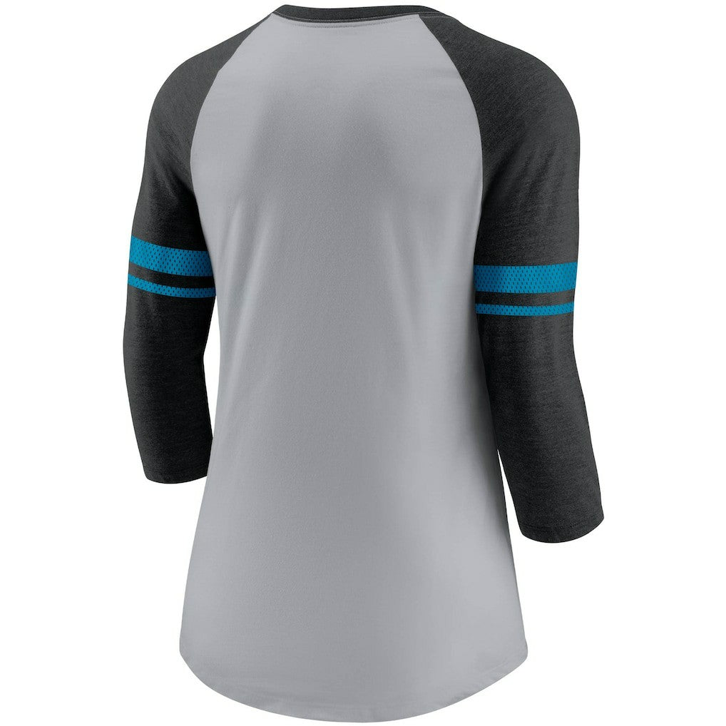 Carolina Panthers Women's Stripe Mesh Nickname Tri-Blend 3/4-Sleeve T-Shirt Heathered Gray/Black