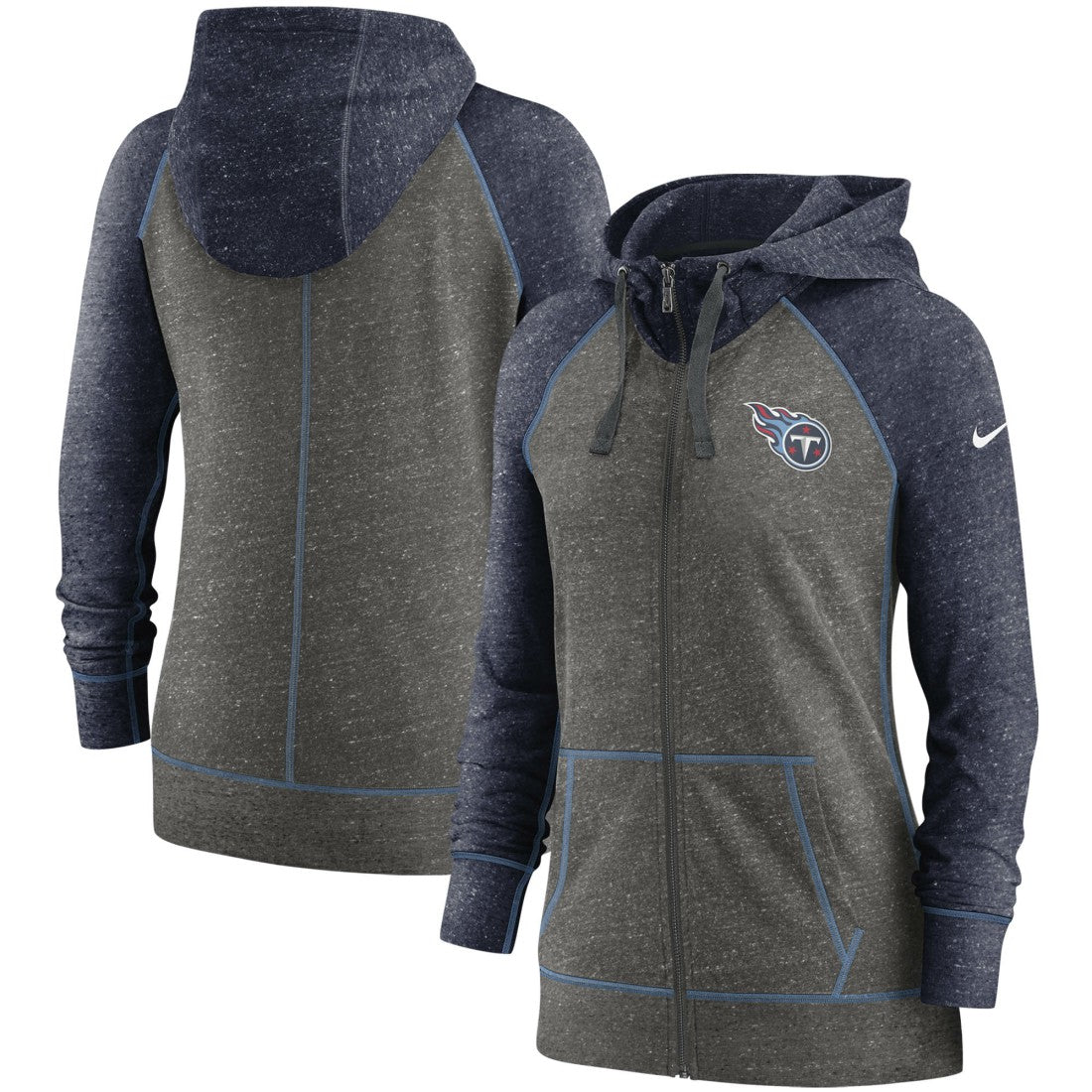 Tennessee Titans Women's Gym Vintage Raglan Full-Zip Hoodie Heathered Charcoal/Navy