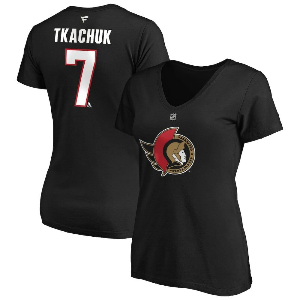 NHL Brady Tkachuk Ottawa Senators Fanatics Women's Authentic Stack Name & Number V-Neck T-Shirt - Black