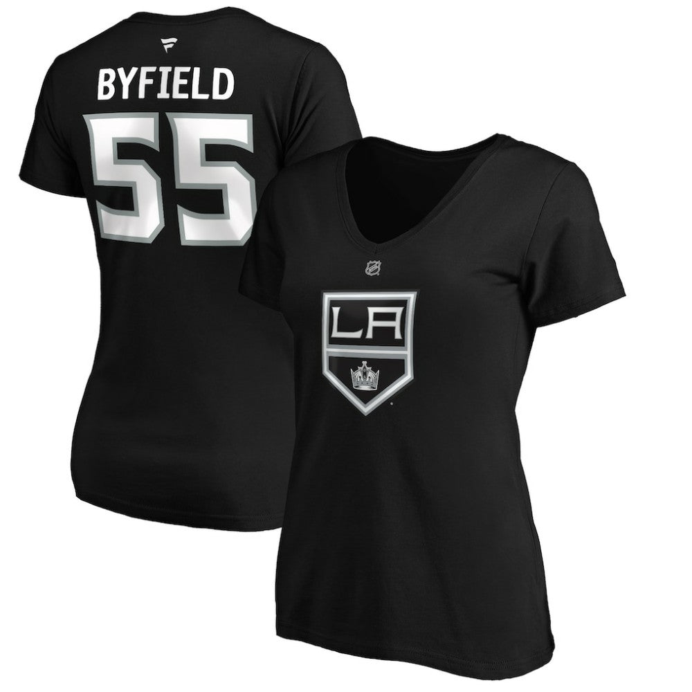 NHL Quinton Byfield Los Angeles Kings Fanatics Women's Authentic Stack Name & Number V-Neck T-Shirt - Black