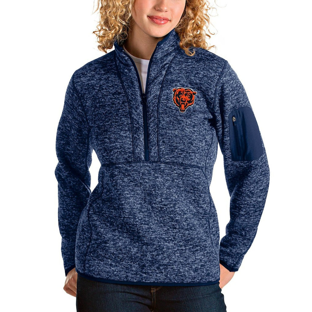 Chicago Bears Antigua Women's Bear Head Fortune Half-Zip Pullover Jacket Heather Navy