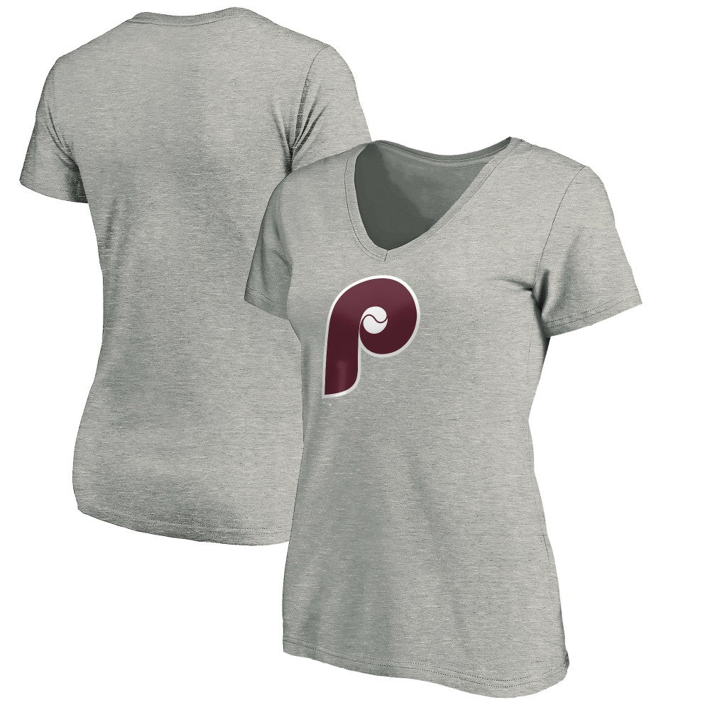 Philadelphia Phillies Women's Cooperstown Collection Huntington Logo V-Neck T-Shirt - Heathered Gray T-shirts