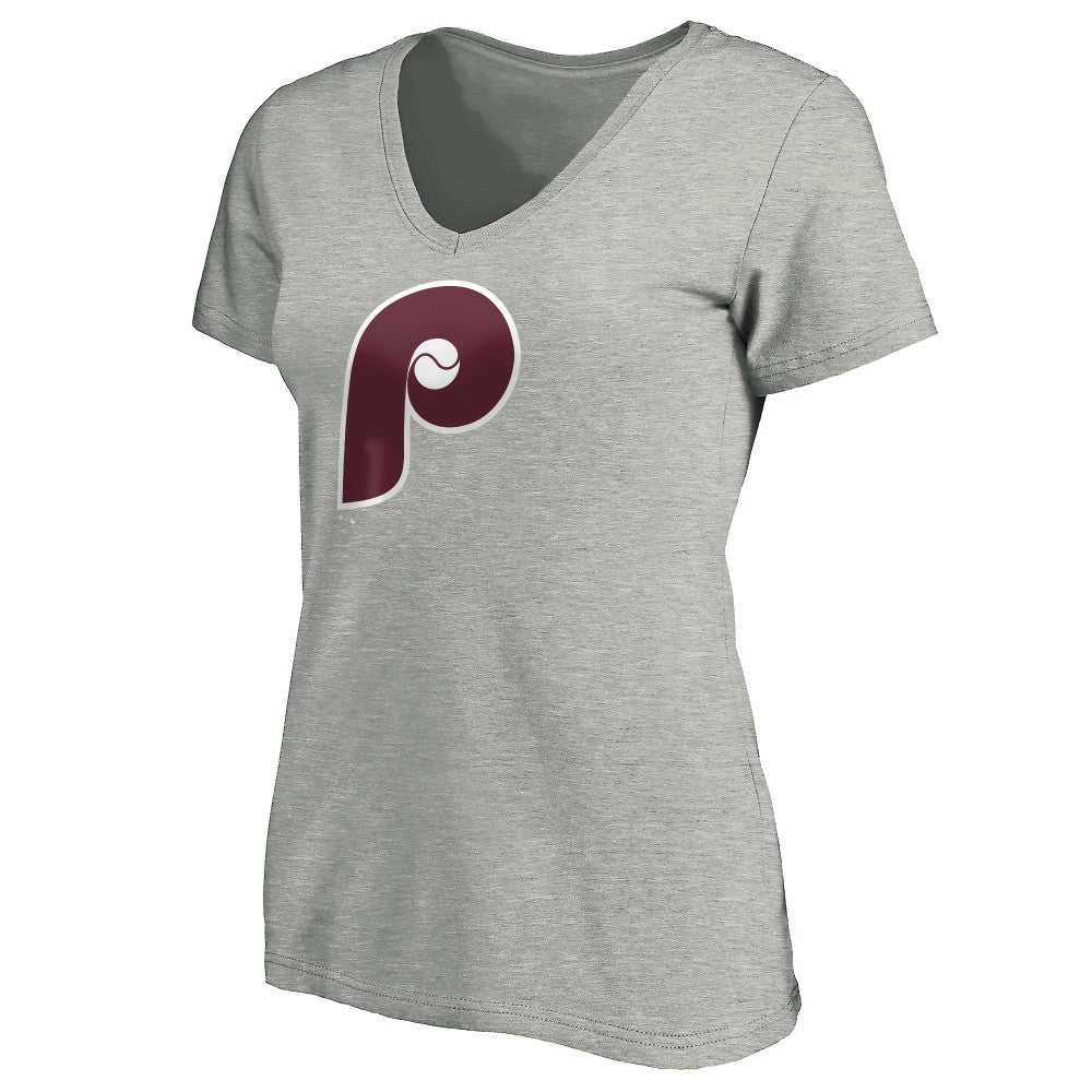 Philadelphia Phillies Women's Cooperstown Collection Huntington Logo V-Neck T-Shirt - Heathered Gray T-shirts